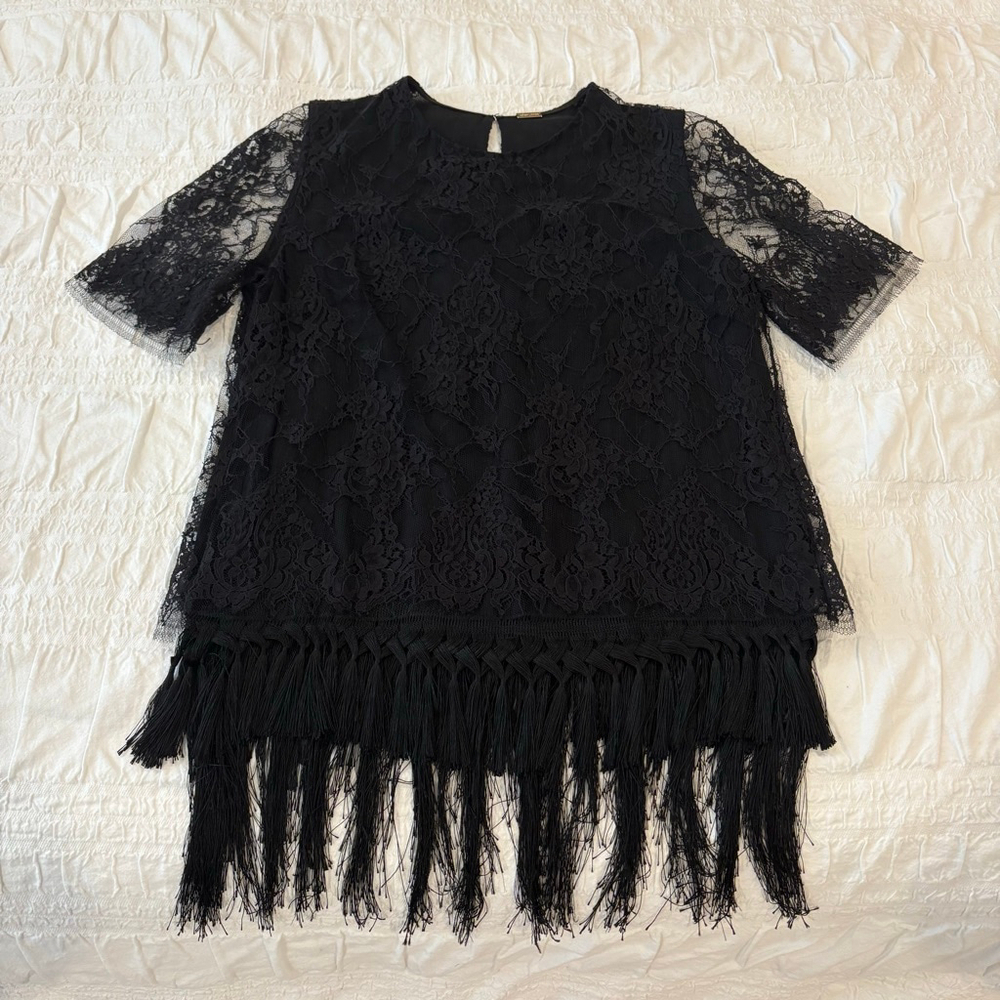 Adam Lippes Black Fringe Lace Short Sleeve Crew Neck Top, size 8 deco designer